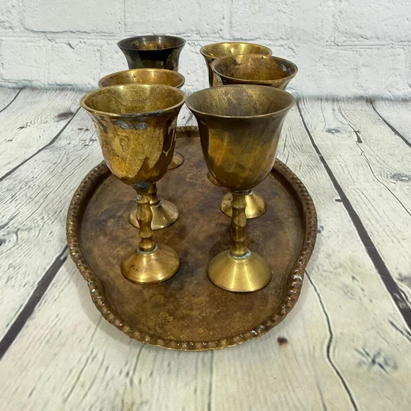 Vintage Brass Goblet Set with Tray - Picture 6 of 11